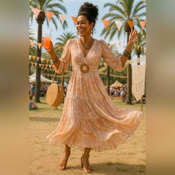 Retro Boho Small Going Out Sexy Brunch Maxi Festival Flowy Castlecore Dress - Picture 1 of 7